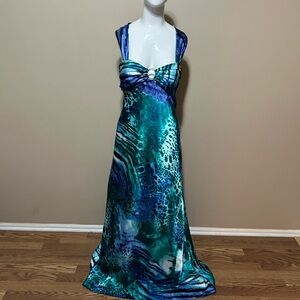 NWT Betsy & Adam blue/teal slight animal print silk maxi dress
